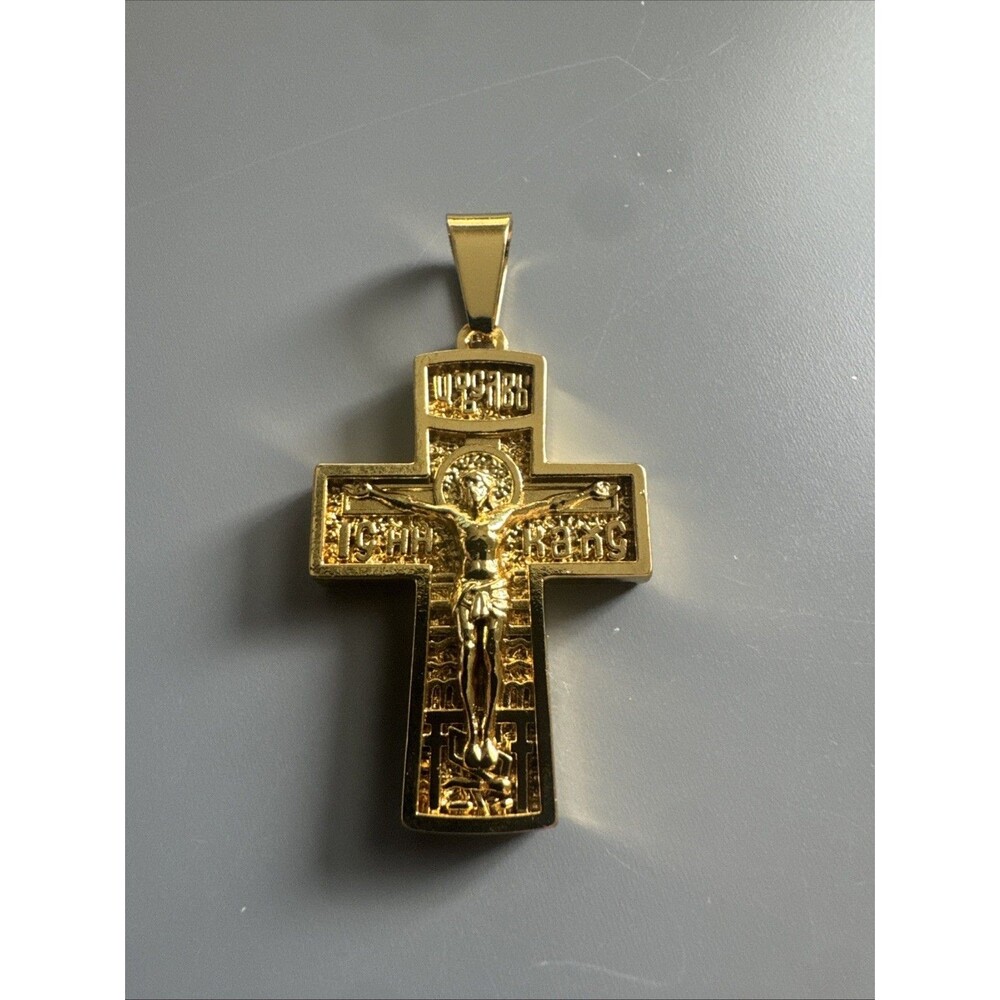 Cross Pendant Gold Tone Stainless Steel 24” Box Chain Jesus Christ Crucifix Gift